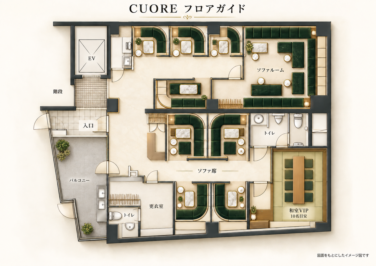 CUORE フロアガイド：入口・エレベーター・階段、ソファ席、右上の洋室VIP（20名まで）、右下の和室VIP、EV右隣の女性用トイレ、和室VIP付近の男性用トイレ、左下の厨房と下部の更衣室・更衣室内トイレ（いずれも関係者専用）の位置を示した、図面をもとにしたイメージ図